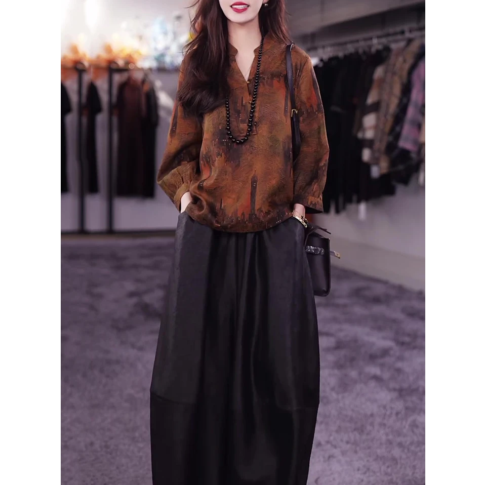 时尚民族风洋气套装女2025秋季新款气质宽松显瘦长袖上衣+半身裙