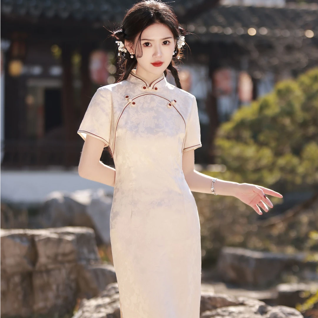 25922中长款【美人襟】气质修身年轻减龄旗袍裙 长约105cm