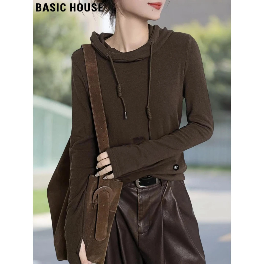 Basic House/百家好美拉德软糯连帽长袖T恤女2025秋冬正肩打底衫