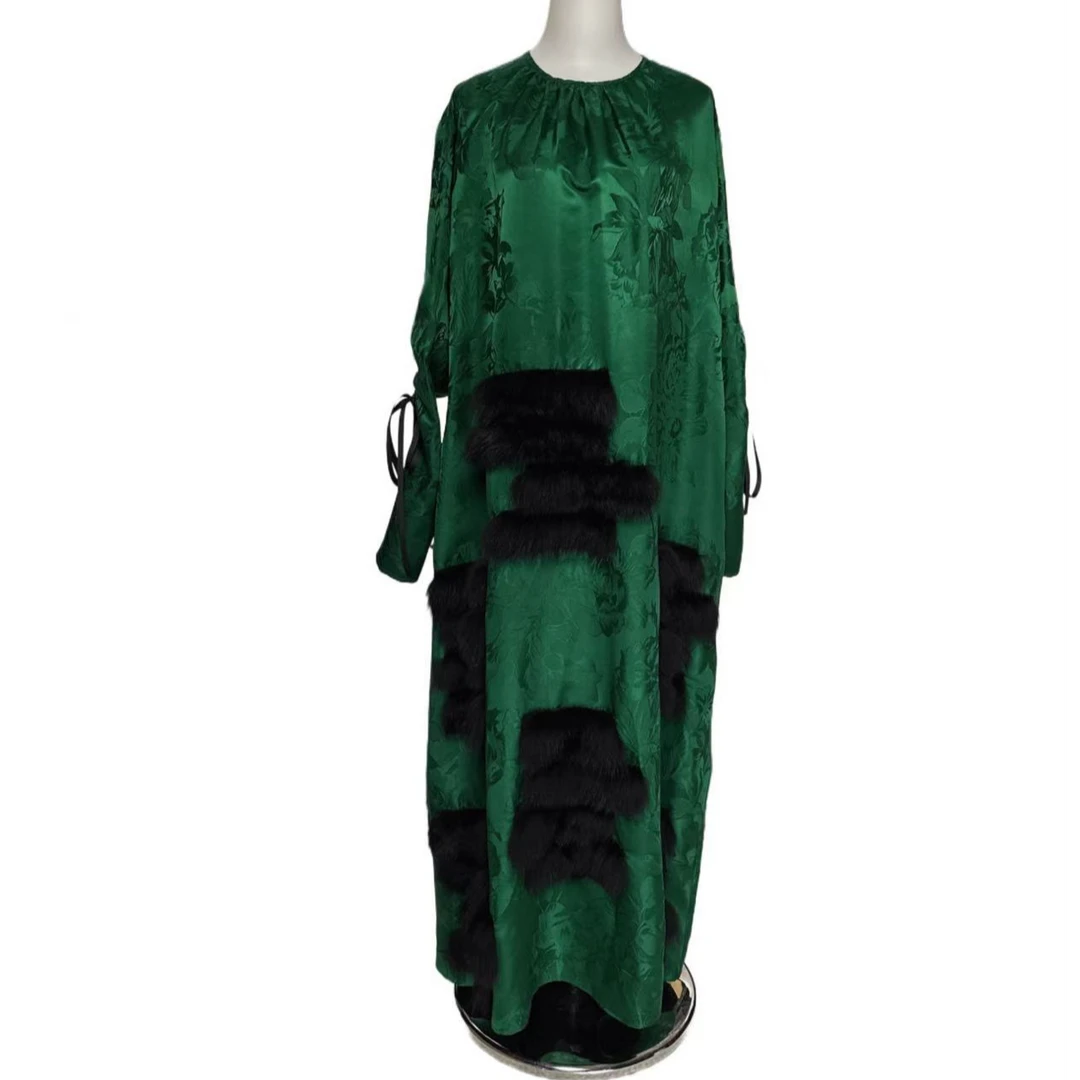 时尚复古绿色女士宽松印花长款设计师连衣裙H-1144tianze精选