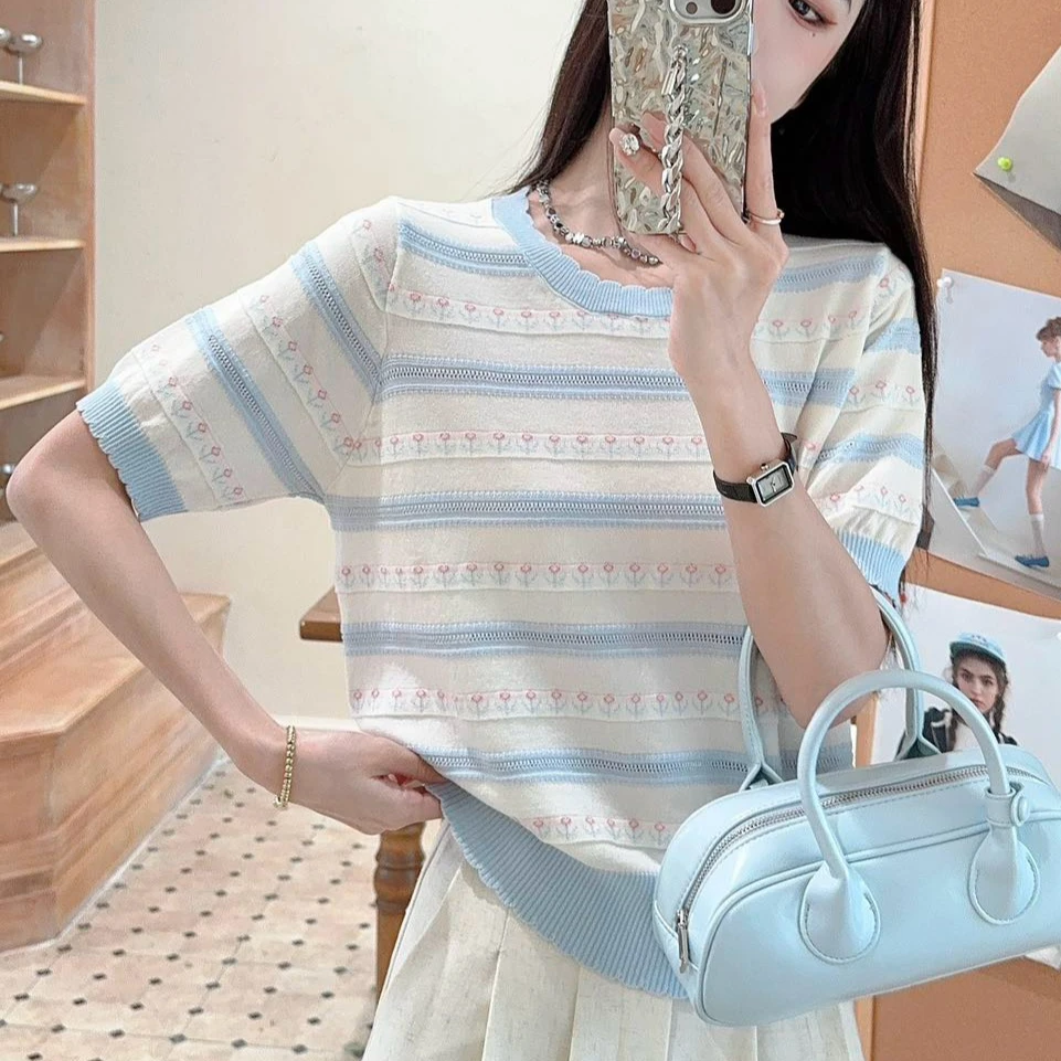 夏季透气小众上衣韩版条纹套头减龄短袖薄款毛针织衫镂空设计感