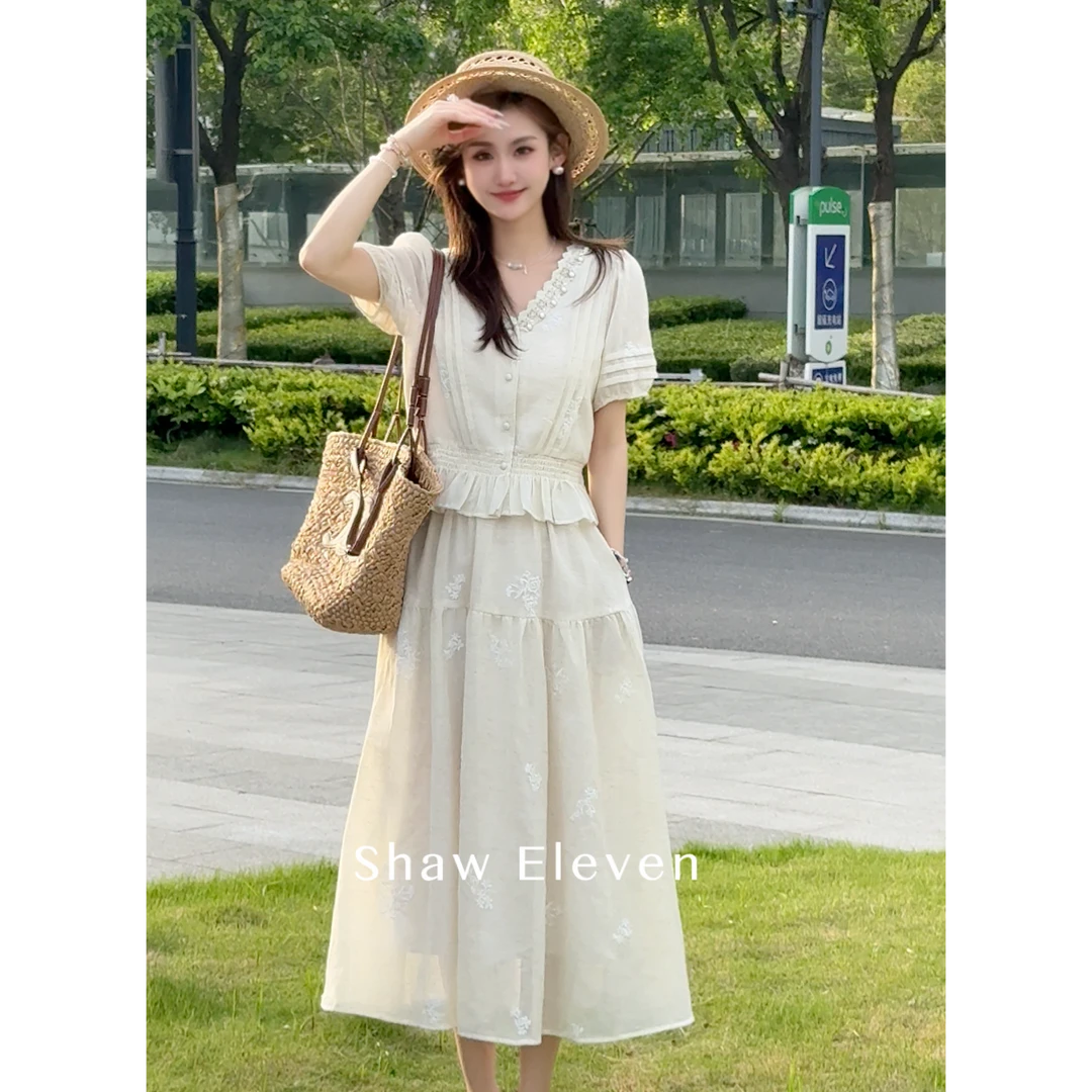 爱丁堡 2025夏新木耳边珍珠领刺绣上衣半裙套装ML2551-H-1