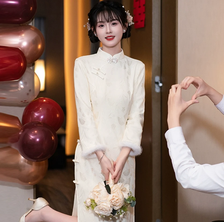 【梦璃】冬装加绒加厚订婚裙女新中式国风领证日常秋冬季高端白色