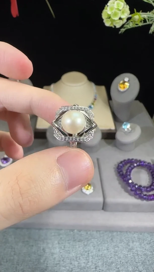 戒指银S925镶嵌淡水珍珠8mm戒指