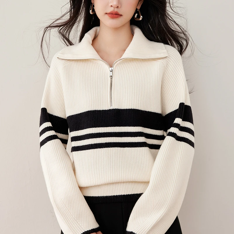 哥弟阿玛施正新款毛针织衫上衣条纹翻领秋季航海风女显瘦时尚毛衣