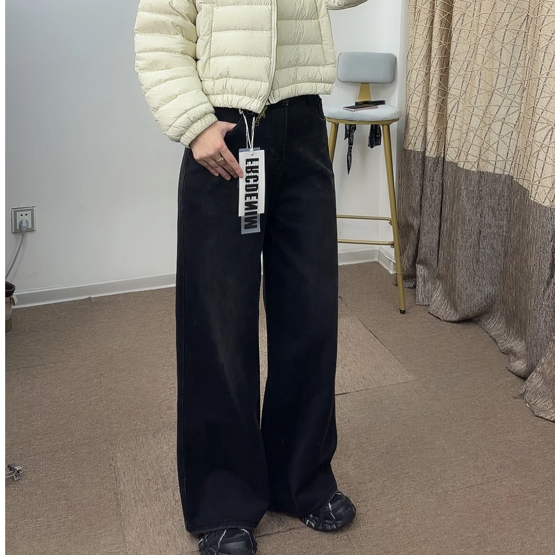 【狗蛋妈】冬季加绒保暖牛仔裤宽松直筒阔腿时尚加厚黑色直筒裤