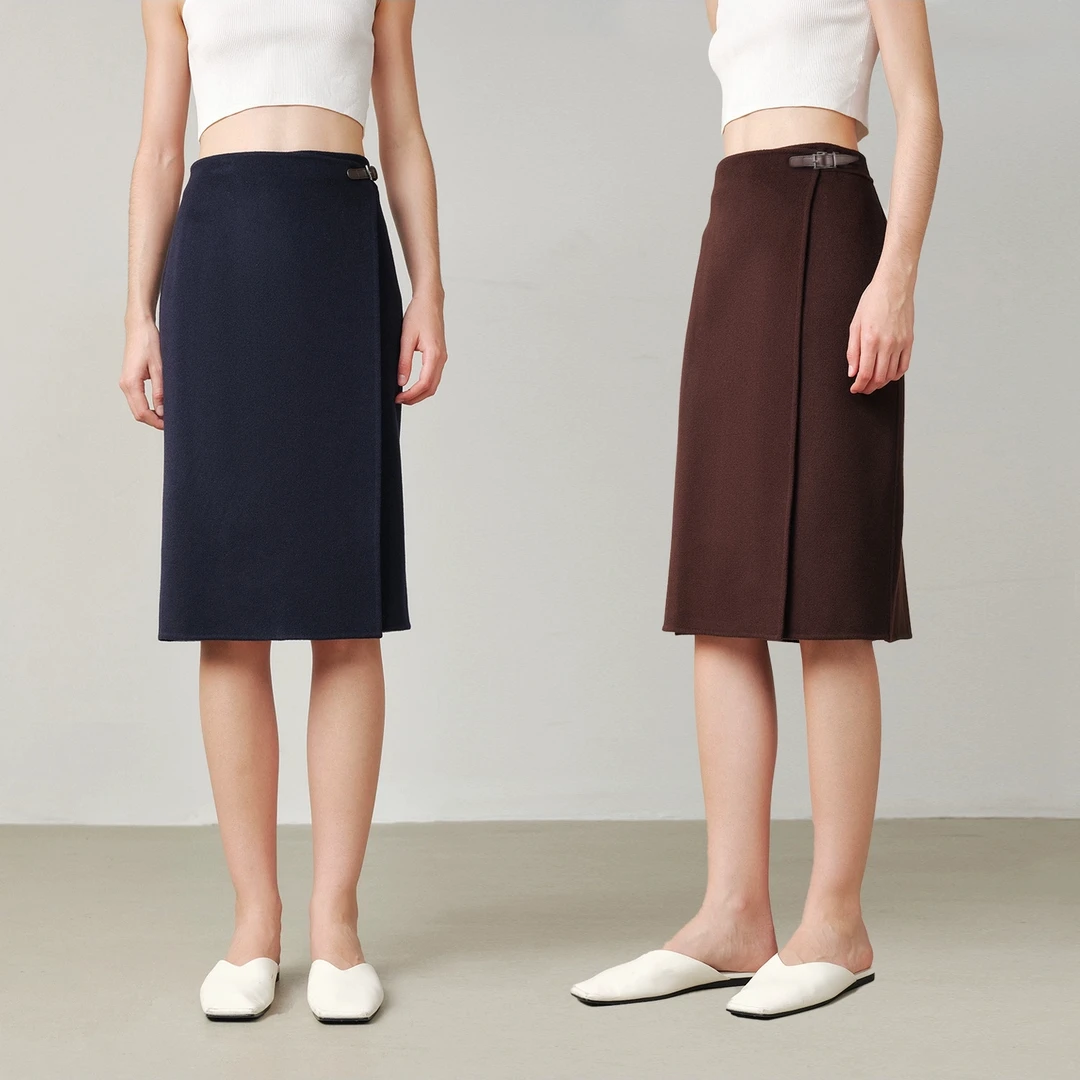 MARIUS"皮袢裙"美利奴双面呢大衣伴侣经典百搭直筒半裙