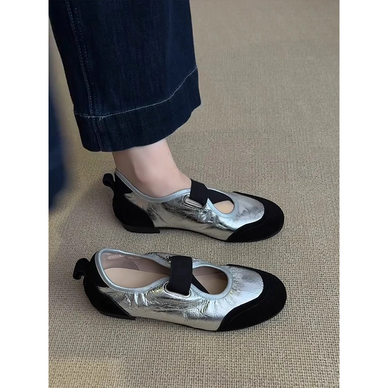 羊皮版~复古拼色玛丽珍鞋女新款松紧带舒适柔软芭蕾舞鞋平底单鞋