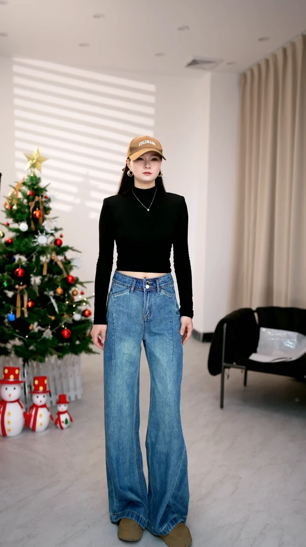 早秋新款爆品高腰牛仔裤女阔腿裤休闲显高显瘦遮肉百搭美式蓝9017