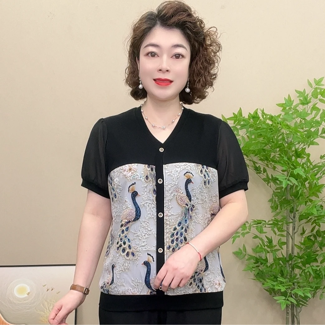 短袖夏季薄款妈妈装雪纺衫气质显瘦百搭洋气时尚上衣小衫宽松女士
