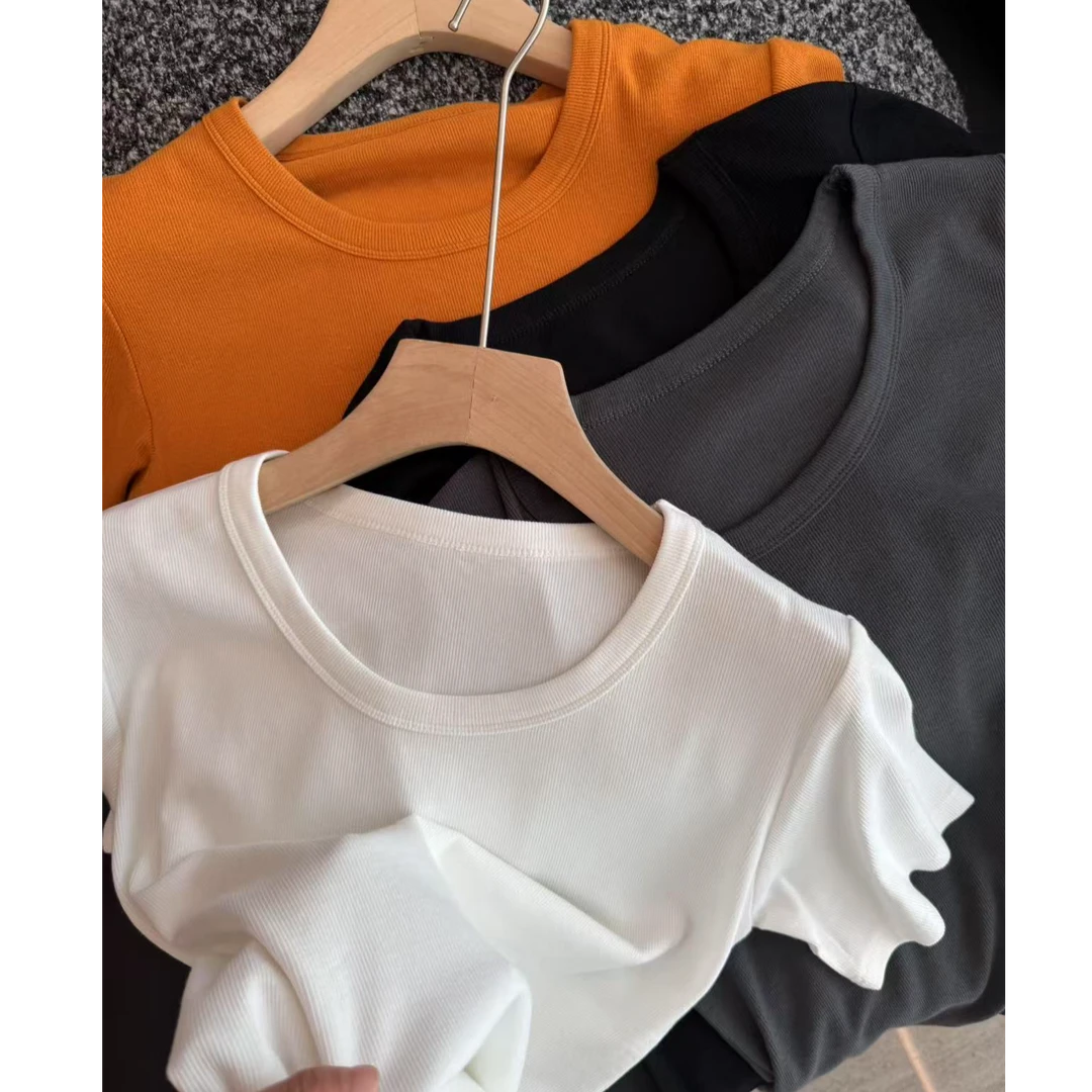 显瘦修身大圆领螺纹棉纯色短袖T恤