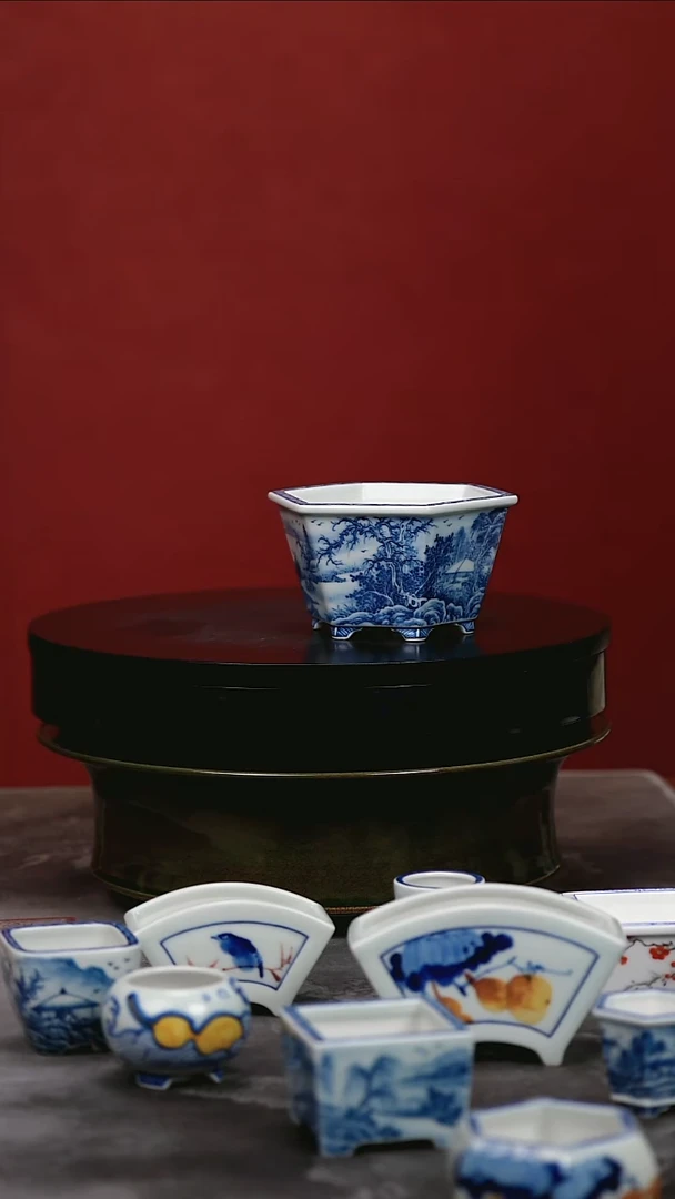 其他青花山水六角手绘盆