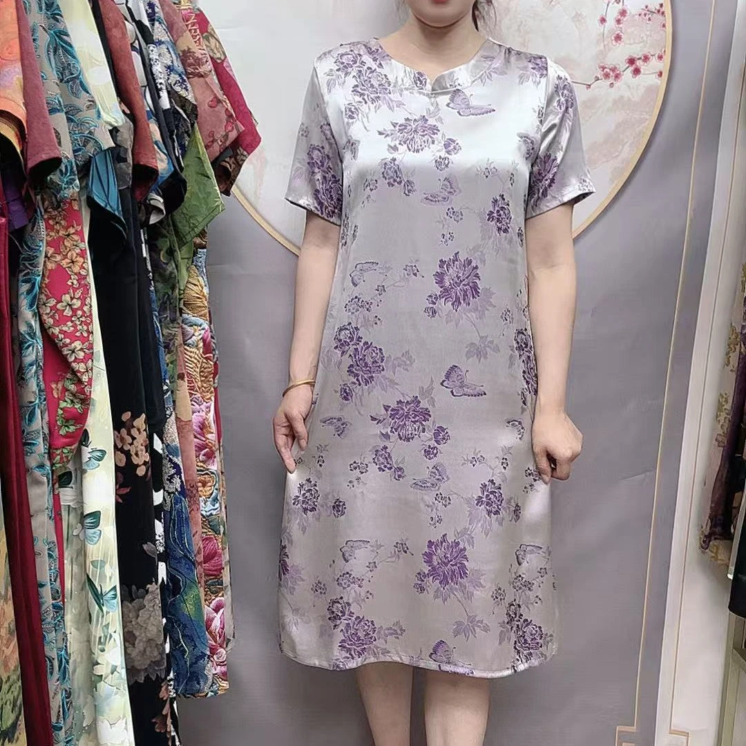 【紫花圆领】2025夏季妈妈装气质短袖连衣裙洋气中老年女装宽松长裙