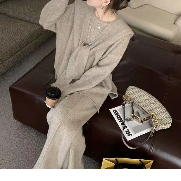 【升级版毛衣披肩三件套】秋冬休闲慵懒风高级感圆领针织成套套装潮