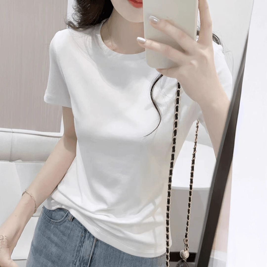 欧货白色正肩圆领短袖t恤女2025夏季新款修身短款内搭打底衫上衣
