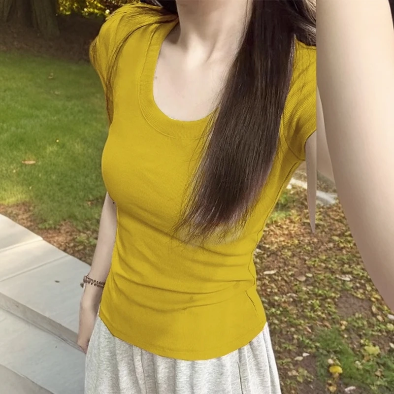 螺纹U领正肩短袖t恤女夏季2025新款纯欲甜辣修身粉色短款茶艺上衣