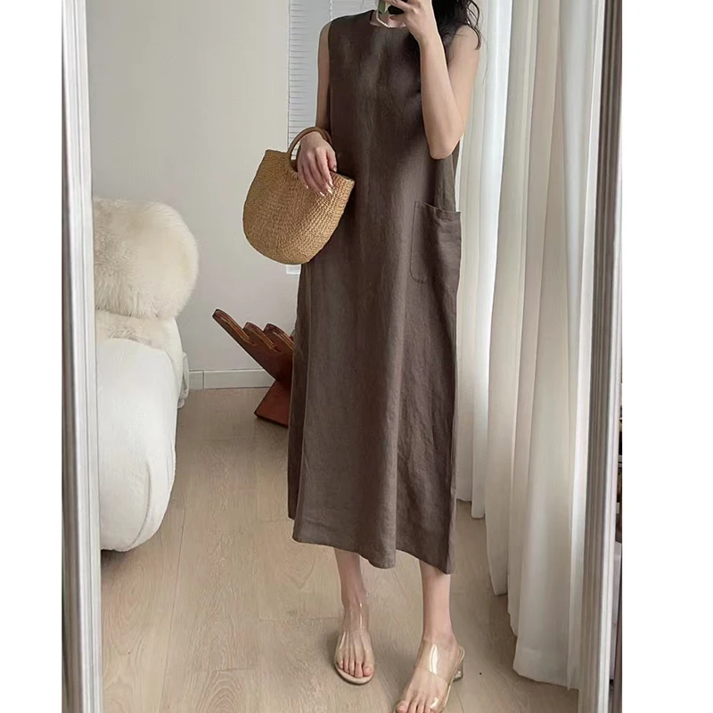 宝丫轻奢  女式复古文艺圆领背心款无袖连衣裙K2071