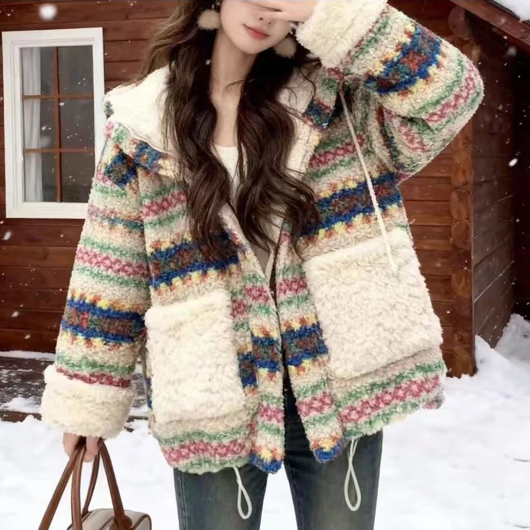 费尔岛冬季氛围感2025毛绒加厚宽松百搭时尚正反两穿连帽保暖外套