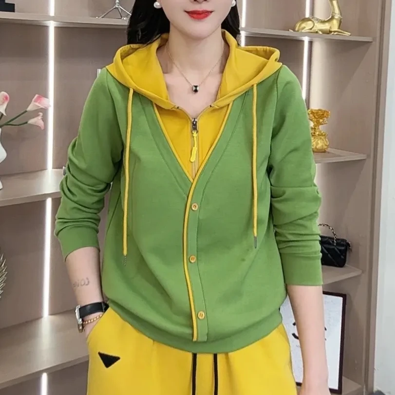2511春秋时尚洋气潮流新品连帽拉链撞色简约百搭显瘦上衣休闲