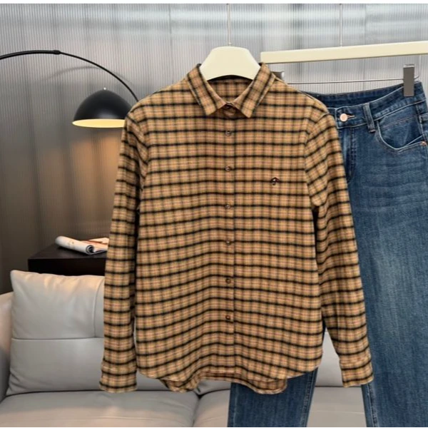 原里韩范时尚轻奢早春磨毛格子女衬衫经典百搭高级感百搭格纹衬衣