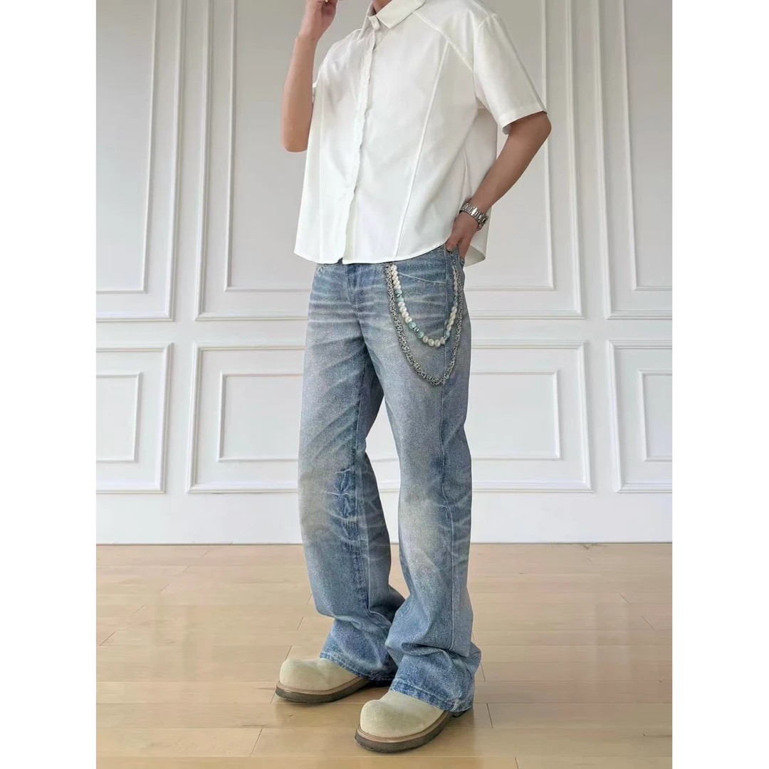 【3D打印珍珠】CHAOM 高街3D数码打印珍珠cleanfit夏季直筒牛仔裤