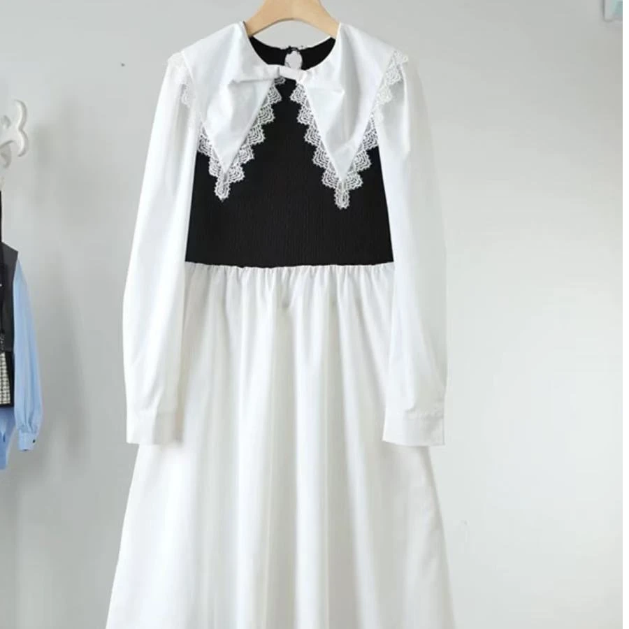 秋季花边翻领针织拼接撞色气质长款蕾丝连衣裙长裙白色法式裙子