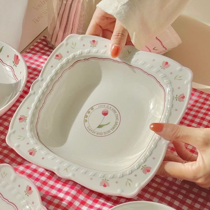 【方盘两个装】 游离花园高颜值浮雕花边盘子陶瓷餐盘深盘家用菜盘