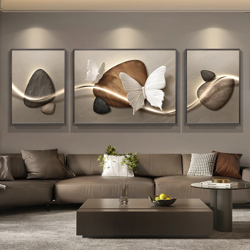 石来运转客厅装饰画浮雕立体感蝴蝶沙发背景墙挂画高级感三联壁画
