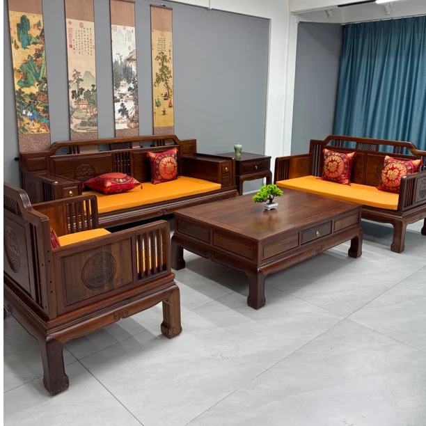 新古典全实木沙发新中式客厅冬夏两用仿古家用农村别墅官帽家具