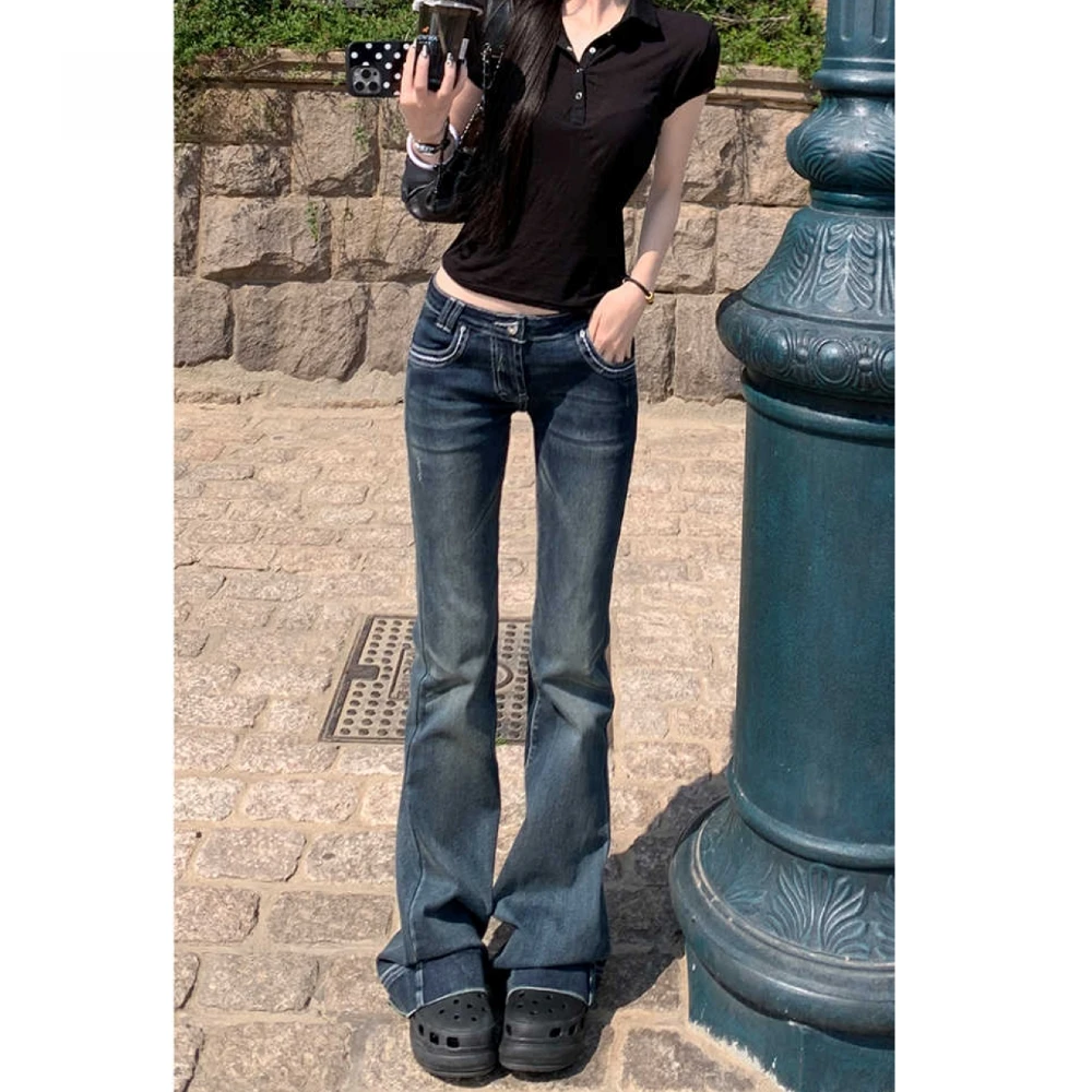 美式易梦玲同款喇叭牛仔裤女2025冬季显瘦遮跨垂感做旧直筒微喇裤