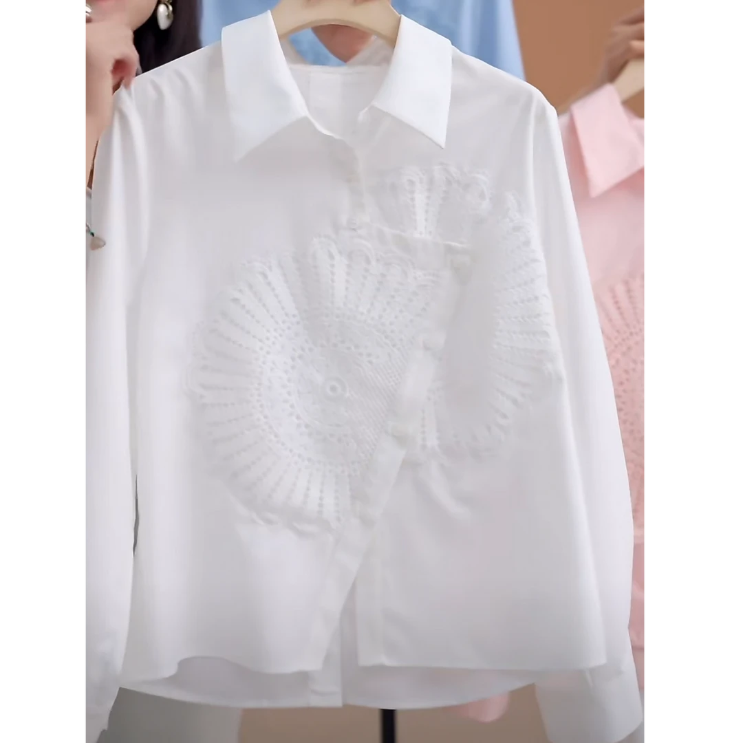 不规则设计感翻领长袖衬衫女春季2025新款时尚百搭气质白色衬衣