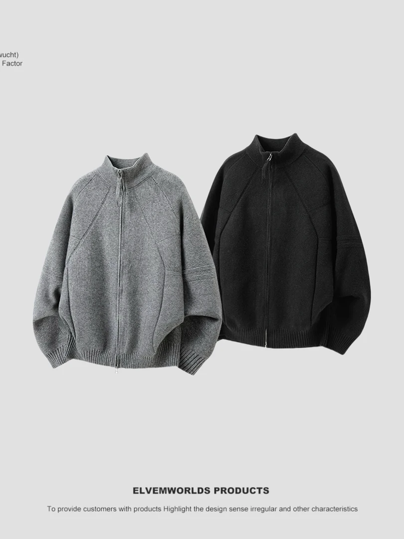 BoyHe【秋季新款】男士秋冬复古双拉链立领针织宽松老钱风拼接外套