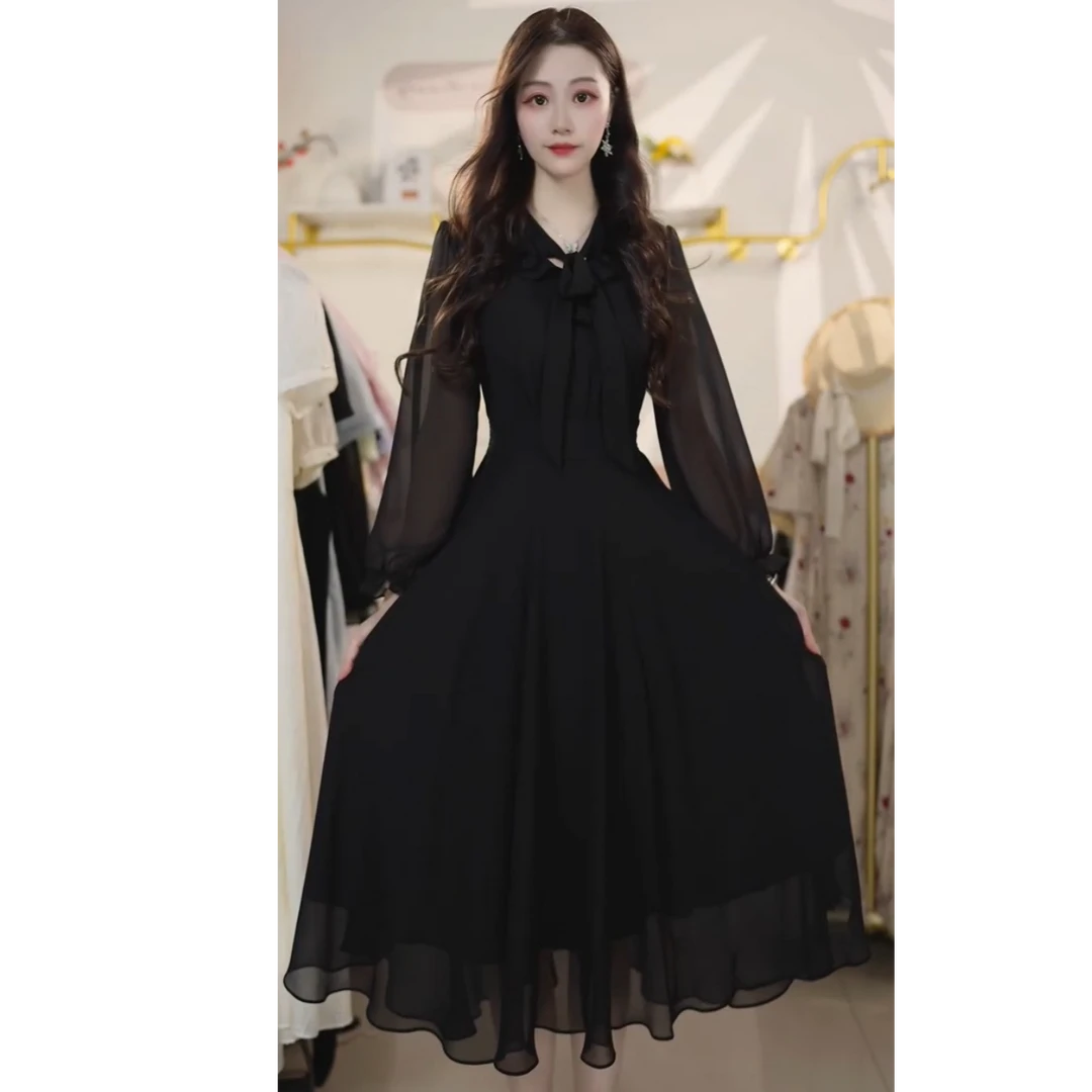 2025新款女春秋爆款气质长袖纯色时尚连衣裙J48079