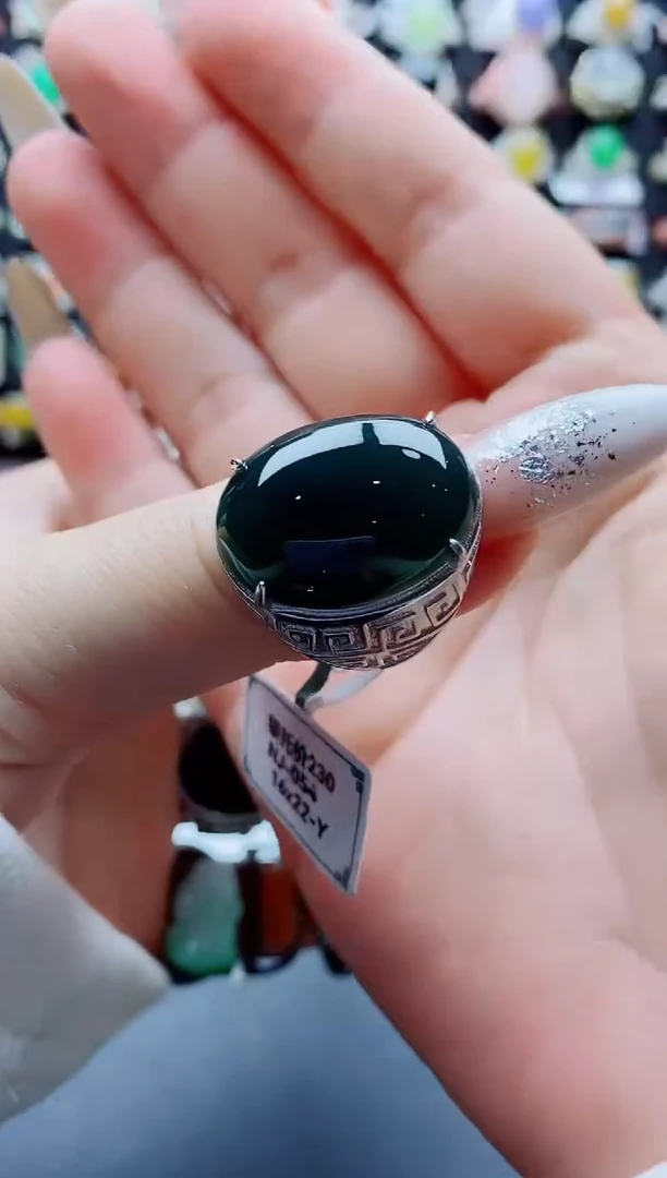 银S925镶嵌戒指翡翠高*天然翡翠a货男戒