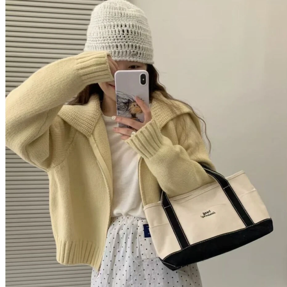 慵懒风双拉链海军领针织开衫女秋冬新款韩系宽松减龄短款毛衣外套