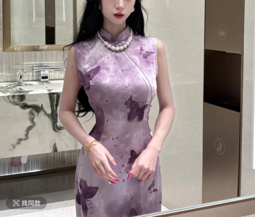 国风甜美紫色新中式国风旗袍 无袖月赋清愁紫