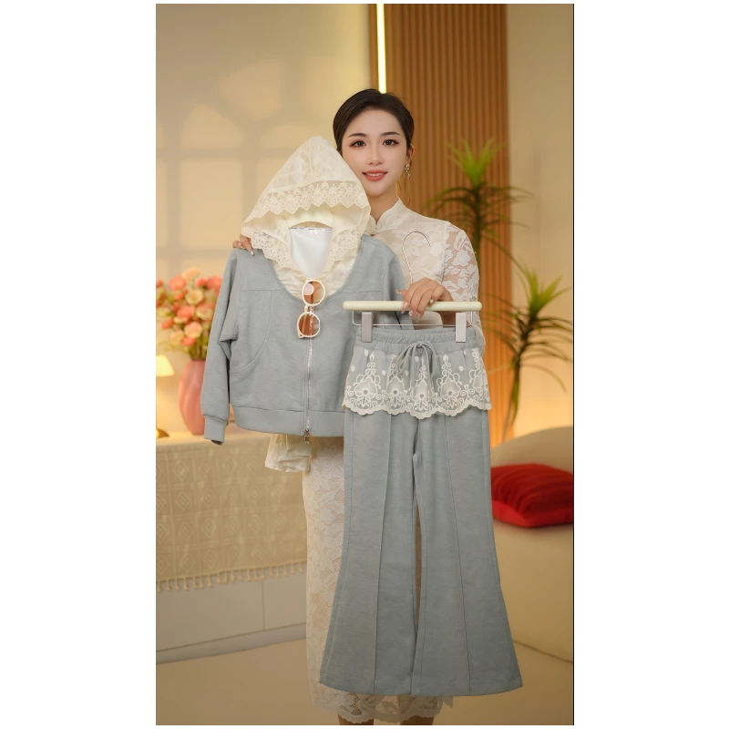 2025春季两件套女孩中大童纯色外套时尚学生卫衣休闲拉链蕾丝套装