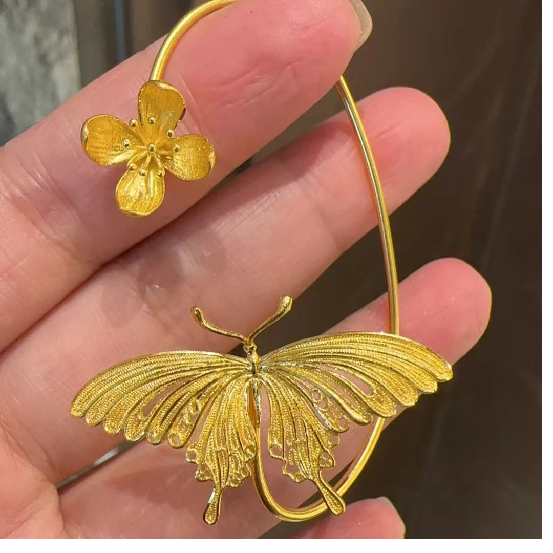 鳳喆錾刻镂空花丝工艺设计师款精品蝴蝶国风婚嫁五金日常耳挂足金