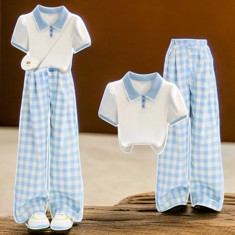 女童夏季阔腿裤套装2025品质短袖中大童格子休闲裤夏装两件套
