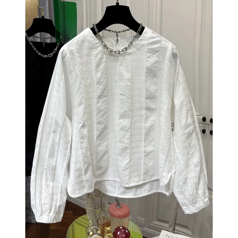 肌理感高级别致圆领长袖衬衫女2025秋新款超好看通勤小衫防晒上衣