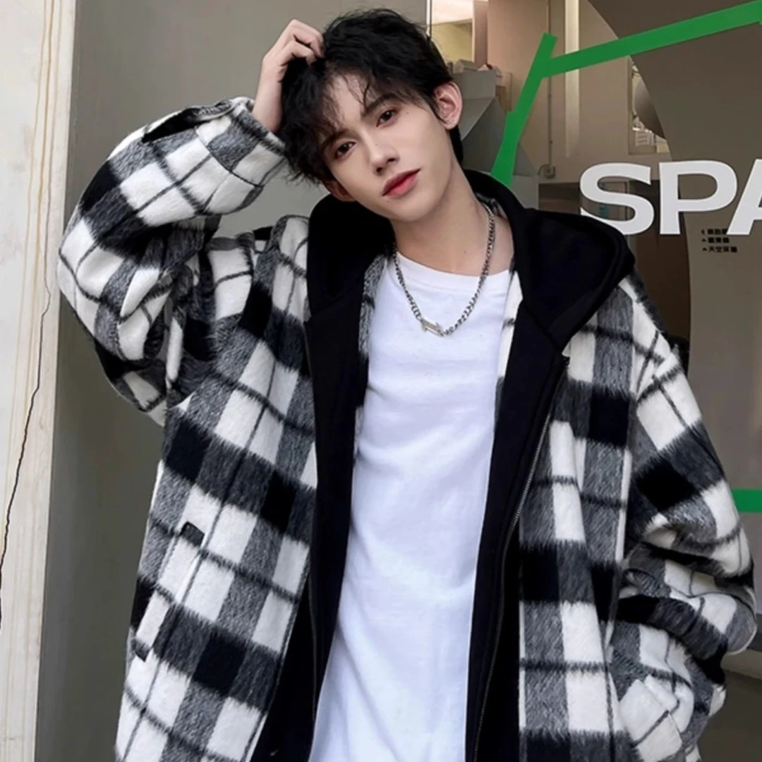 秋冬季小香风毛呢连帽开衫格子外套男女同款港风假两件简约上衣男