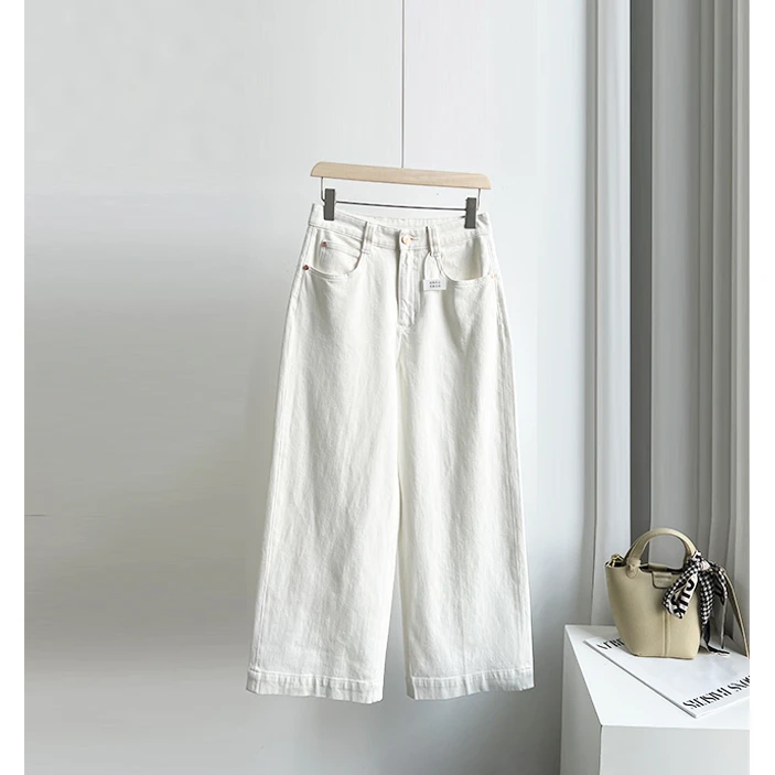 高档极简风白色牛仔裤女士宽松时尚简约弹力九分裤直筒裤阔腿裤