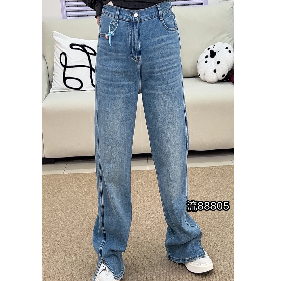 {流依涵}88805春季大码女装百搭显瘦水洗蓝窄版直筒裤