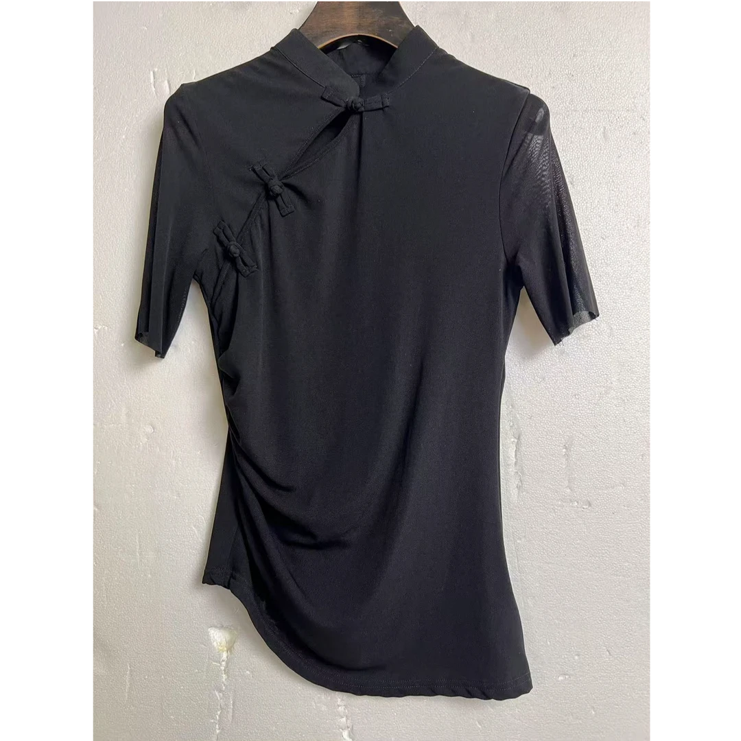 气质新中式时尚极幼网纱纯色盘扣上衣