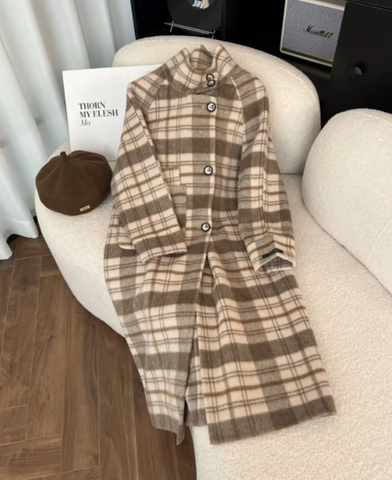 【深圳金爷】美拉德英伦复古风卡其格子立领长款双面羊毛大衣