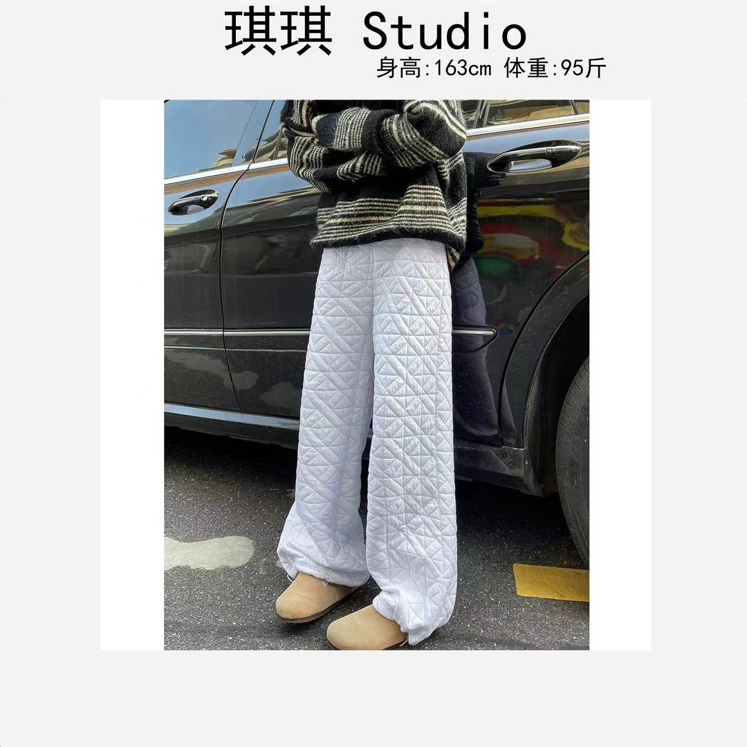 秋冬季新款轻奢高级感格子纹理两穿抽绳直筒减龄宽松休闲裤8959-C