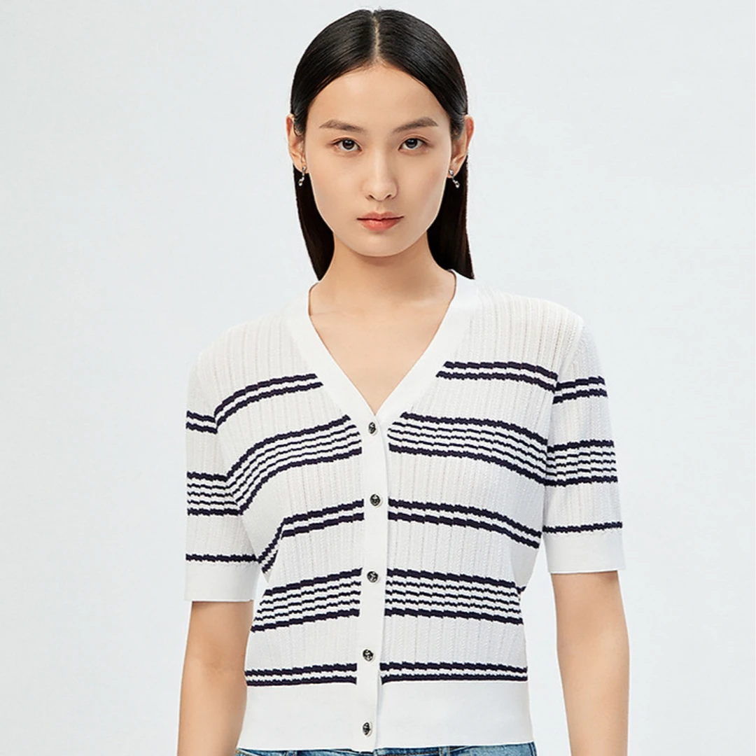 LANCY/朗姿【专柜同款】夏款V领条纹撞色短袖针织T恤女修身上衣
