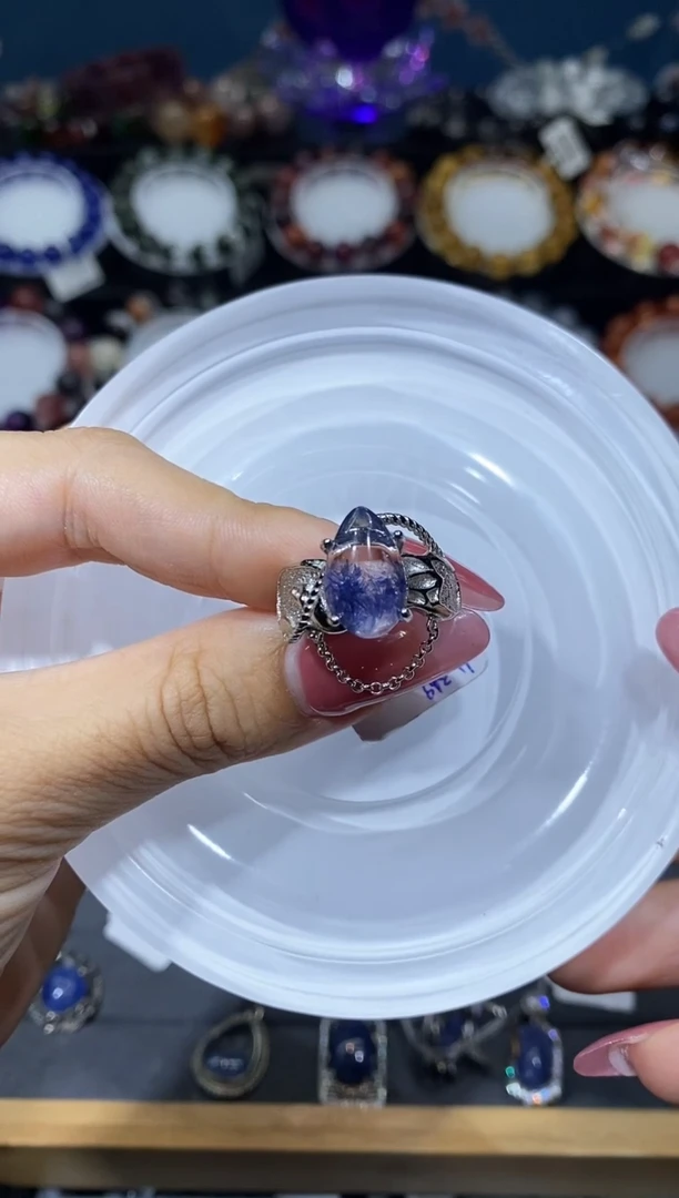 银S925镶嵌戒指水晶我**的老矿蓝线石戒指