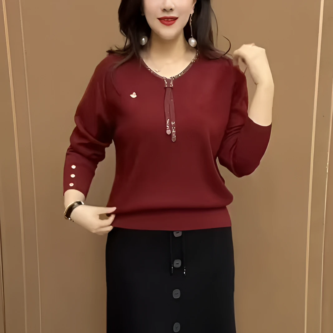 宽松显瘦2025春款打底衫气质百搭女装针织衫洋气烫钻中老年妈妈装