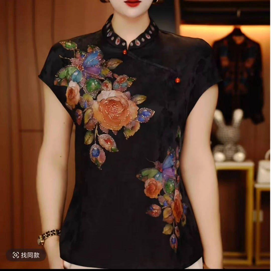 深圳原创设计感洋气印花烫钻舒适时尚减龄宽松复古新中式夏季女装